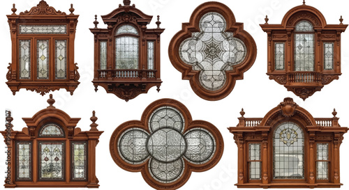 Bild auf Leinwand Collection of ornate antique wooden window frames with intricate carvings and de