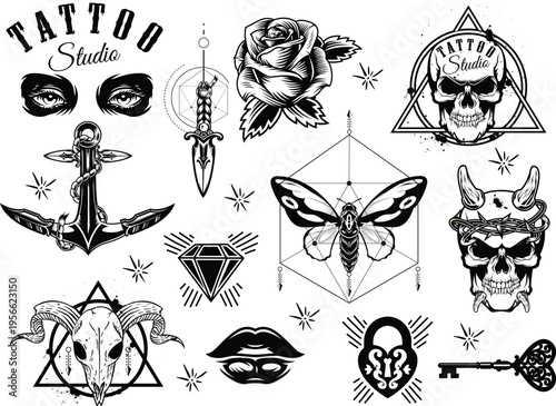 Tattoo Studio Flash Sheet Collection with Skulls, Rose, Moth, Anchor and Mystic Symbols, Vintage Black and White Vector Set