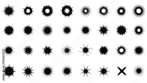 Varied geometric patterns composed of circles, lines, and starburst shapes in black and white Vector