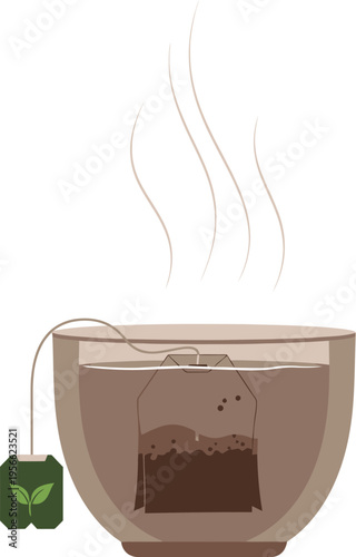 A steaming cup of freshly brewed hot tea with a paper tag hanging over the rim of the glass mug