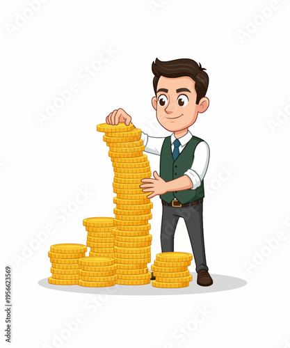 Cartoon businessman happily stacking multiple tall piles of shining gold coins illustrating wealth accumulation