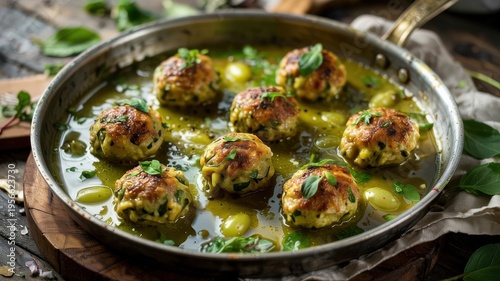 Italian cuisine. Chicken meatballs in pesto sauce with white grapes.