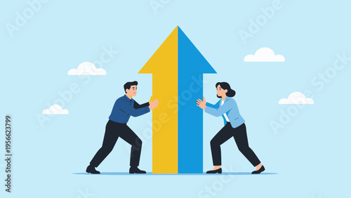 Two people pushing a large arrow