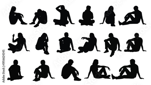 Sequence of silhouetted figures performing a repetitive motion or activity in various positions. Vector