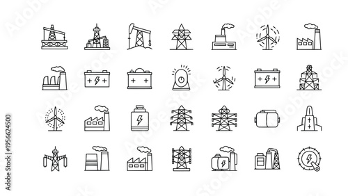 Collection of icons representing various household appliances and office equipment in simple line art Vector