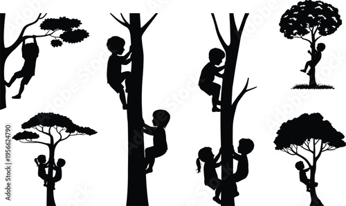 Children climbing tree silhouette illustration, eight playful figures in adventurous outdoor poses showing nature interaction and activity, vector art, black isolated bold design