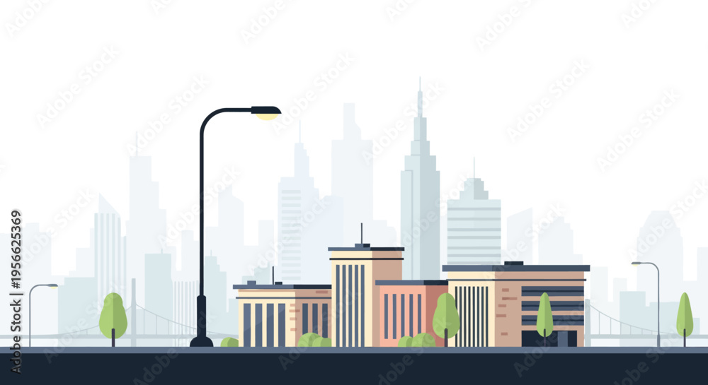 Obraz premium Modern cityscape with skyline and buildings in minimalist flat design