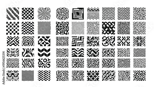Abstract geometric patterns composed of intricate black and white shapes and grids Vector