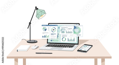 Modern workspace with laptop and smartphone featuring analytics and ai tools