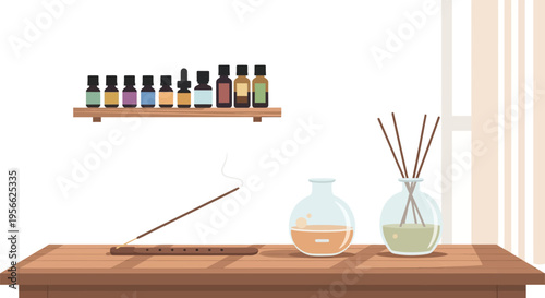 Relaxing aromatherapy scene with incense and essential oils on wooden table
