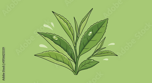 Stylized illustration of vibrant green leaves with water droplets against a soft lime background depicted as a silhouette high quality professional