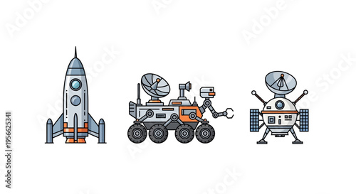 Space exploration series: rocket, rover, and lander designs in flat style