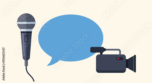 Podcast setup with microphone, speech bubble, and camera
