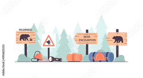 Camping in bear country: safety signs and gear in scenic wilderness