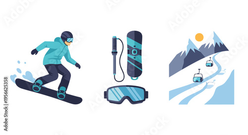 Snowboarding adventure with essential gear and scenic mountain views