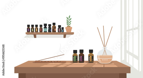Aromatherapy scene with essential oils, incense, and diffuser in a minimal room setting