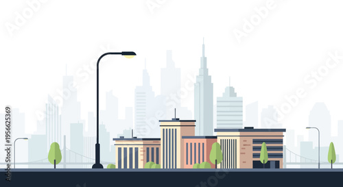 Modern cityscape with skyline and buildings in minimalist flat design