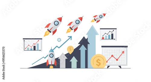 Growth strategies and success concept with rocket launch and financial charts