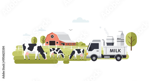 Farm scene with cows grazing and milk truck in flat design