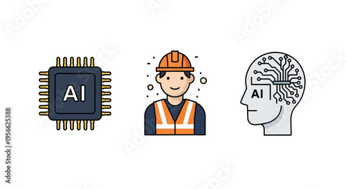 Ai and engineering icons: microchip, worker, and circuit brain