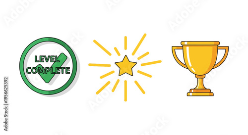 Achievement symbols: level complete badge, starburst, trophy cup
