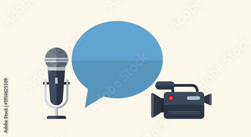 Podcasting and videography icons: microphone and camera with speech bubble