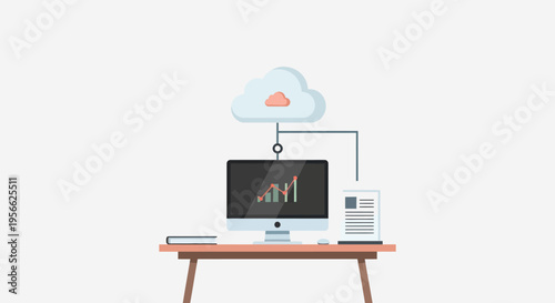 Cloud computing setup with desktop monitor showing growth chart in minimalist workspace design