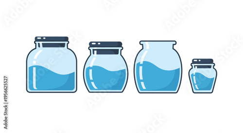 Set of clean glass jars with water in modern flat design