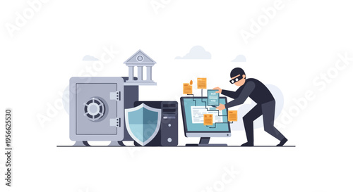 Cybersecurity breach concept with hacker and sensitive data theft