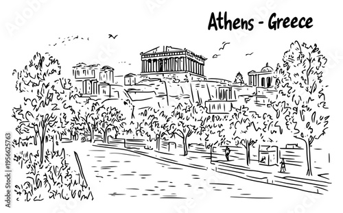 Athens Greece Panorama Illustration Parthenon Acropolis Ancient Greek Landmark Hand Drawn Travel Sketch Vector Art