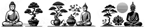 Zen Buddhism Meditation Set Illustration Buddha Statues Bonsai Trees and Lotus Flower Woodcut Style Vector Art