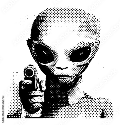 Alien Grey Holding Gun Illustration Vector Halftone Style Extraterrestrial Character Pointing Pistol
