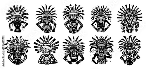 Tribal Mask and Totem Character Set Illustration Ethnic Primitive Statues in Mayan and Aztec Style Vector Art