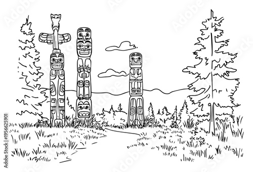 Totem Poles in Forest Landscape Illustration Native American Tribal Culture Pacific Northwest Wood Carving Sketch Vector