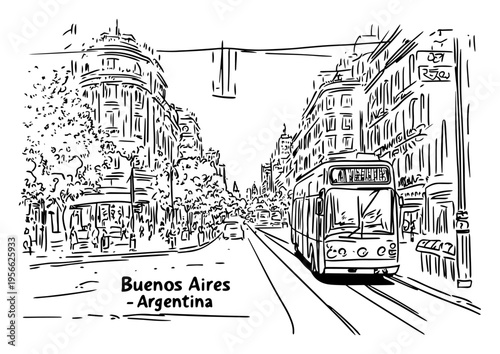 Buenos Aires Argentina Street Scene Illustration with Bus and Historic Buildings Hand Drawn Travel Sketch Vector Art