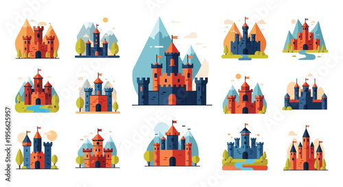 A colorful collection of fairytale castles and towers depicted in a flat illustrative style a charming silhouette high quality professional detailed