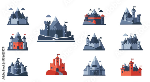 A collection of colorful flat design castle illustrations with varied architectural details presented as a striking silhouette high quality professional detailed modern
