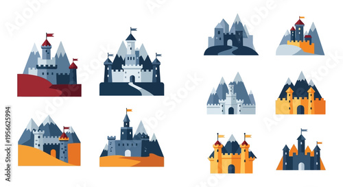 A colorful collection of fairytale castles depicted in a flat illustrative style presented as distinct silhouettes high quality professional detailed modern