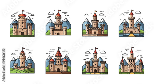 A colorful illustration depicts eight distinct castle designs against mountainous backgrounds showcasing a flat vector silhouette high quality professional detailed modern
