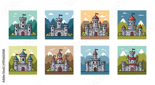 A vibrant collection of illustrated castles with mountainous backdrops presented in a tiled pattern silhouette high quality professional detailed modern elegant