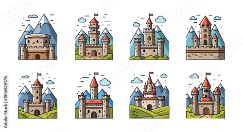 A colorful illustration depicts various fairytale castles against mountainous backdrops showcasing a distinctive silhouette high quality professional detailed modern elegant stylish