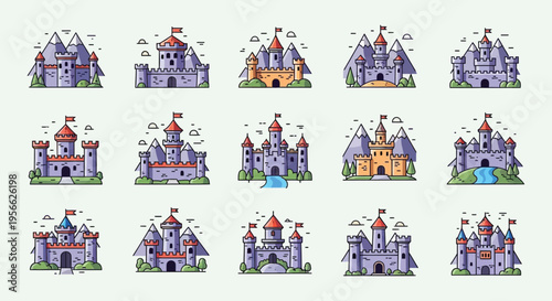 A colorful collection of illustrated castles varying in design and detail presented as a flat graphic silhouette high quality professional detailed