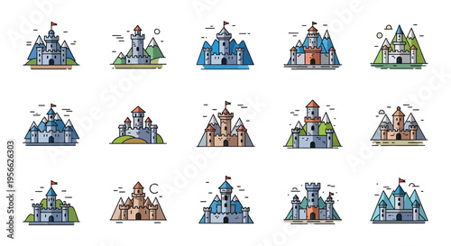 A colorful collection of illustrated castles featuring multiple designs and vibrant details presented as a silhouette high quality professional detailed modern