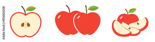 Flat vector set of red apples shown whole, halved and sliced. Fresh fruit collection with healthy food concept, perfect for farm branding, grocery graphics and nutrition design.