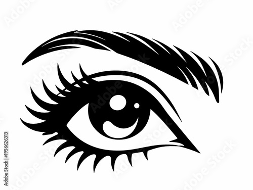 Open feminine eye with bold lashes, detailed iris, and arched eyebrow. Stylish black vector for beauty industry branding, cosmetic packaging, fashion graphics, and salon decoration.