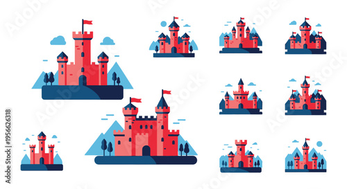 A collection of vibrant flat style castle illustrations arranged against a white background showcasing a playful silhouette high quality professional detailed modern