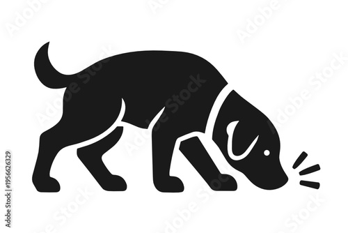 Silhouette of a detection dog sniffing the ground while tracking a scent trail. Strong vector symbol for search work, security inspection, narcotics control, police canine, and investigation use.