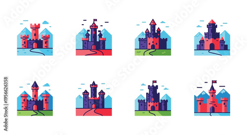 A collection of colorful flat design castle icons with mountainous backdrops showcasing a distinct silhouette effect high quality professional detailed modern elegant