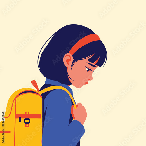 A young girl with dark hair and a yellow backpack looks down sadly.