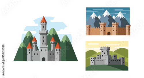 Stylized illustrations depict medieval castles set against mountainous backdrops showcasing a distinct graphic silhouette high quality professional detailed modern elegant stylish